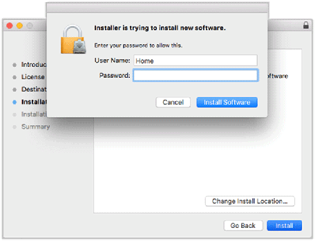 Screen showing that the user will be prompted to provide user details and password to continue installation.