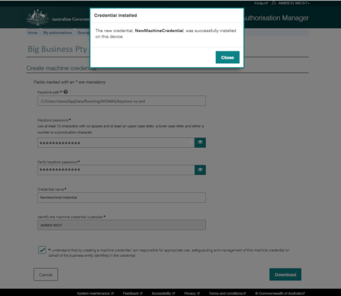 Screen showing the message that a machine credential has been installed successfully.