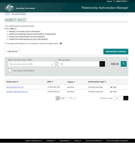 Screen showing an example of where you can select the entities you can act on behalf of. 