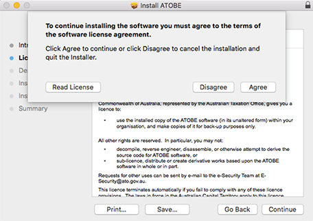 Screen showing the ATOBE licence agreement information.