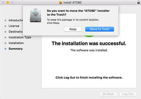 Screen showing that you can move the ATOBE Installer  to the trash as required and delete.