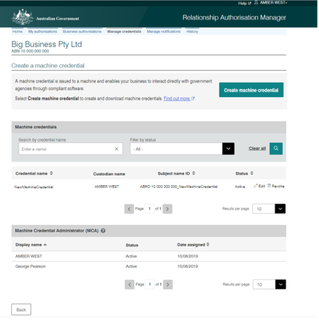 Screen showing the newly created machine credential listed on the Create a machine credential page.