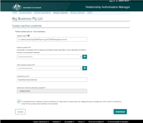 Screen showing fields for the Keystore path, Keystore password and Credential name.